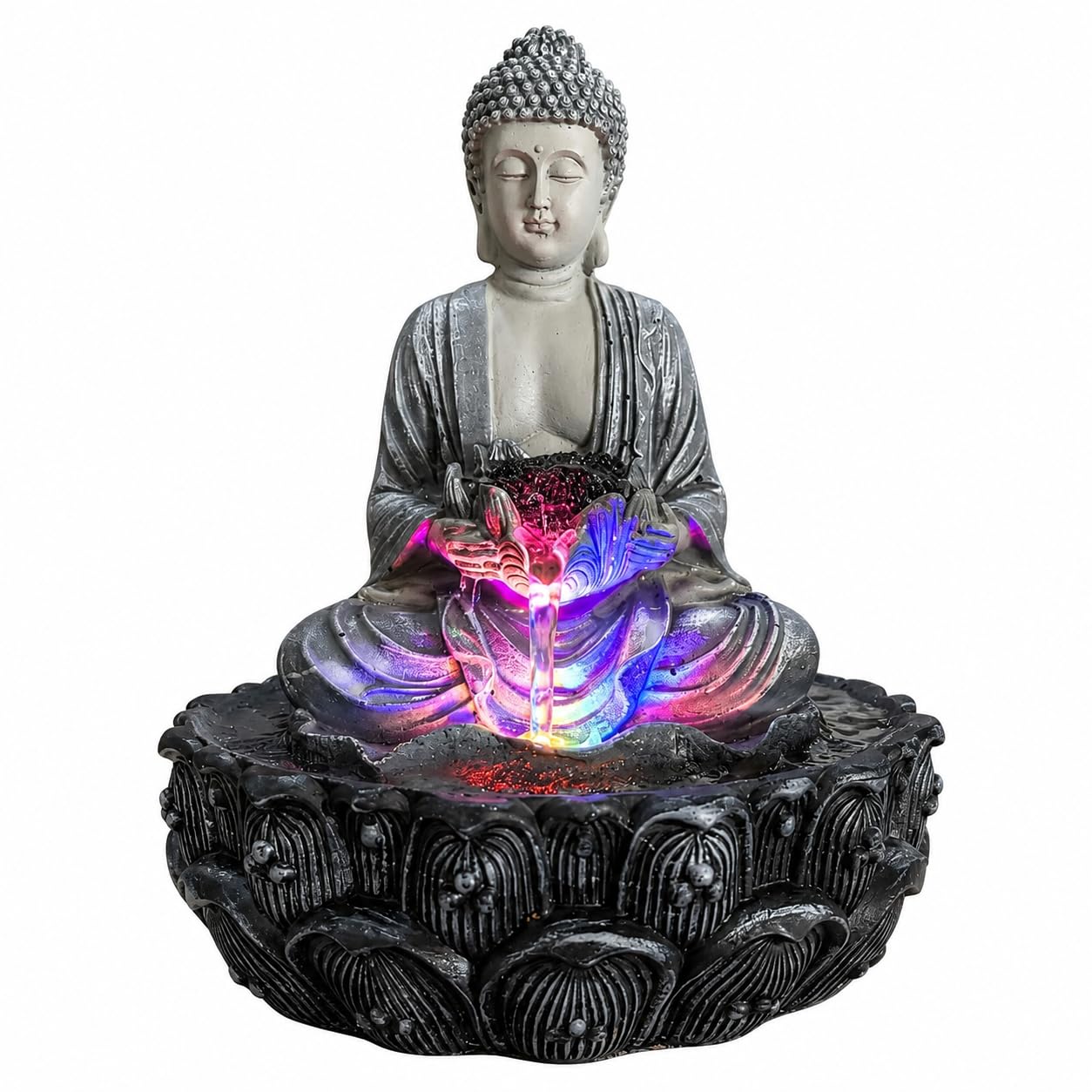 24 cm Meditating Buddha Water Fountain | Polyresin Lotus Indoor Tabletop Fountain with LED Light for Home, Garden, Living Room & Gift-image-42