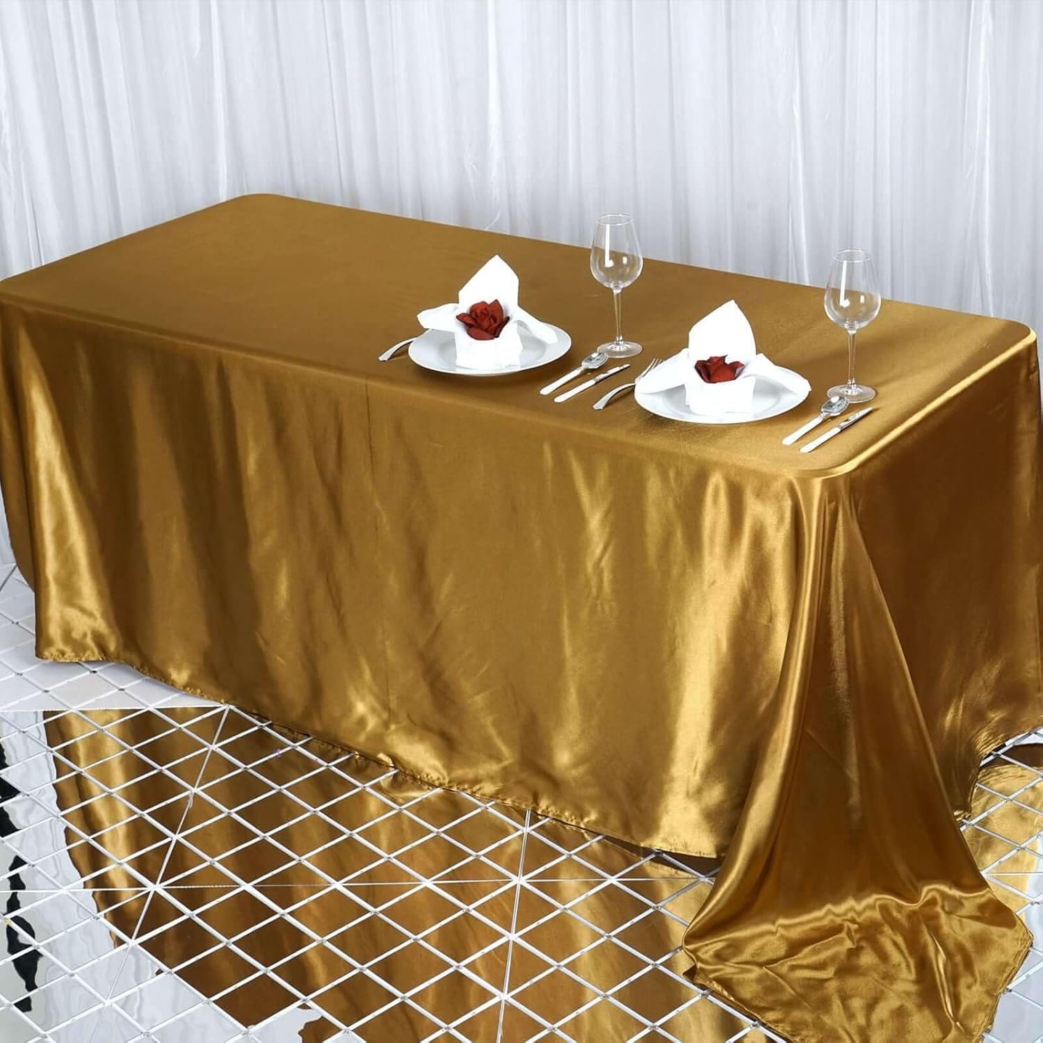 Efavormart Rectangle Satin Tablecloth, 90"x132" Smooth Oblong Washable Table Cloth, Decorative Silky Fabric Table Cover for Wedding, Party, Banquet- Gold