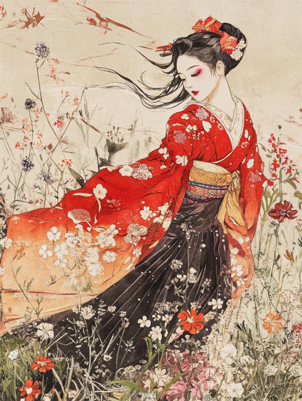 Rkflgew F 14Ct Japanese Woman Printed Cross Stitch Kits Geisha And Lowers Cross-Stitch Kits Or Beginner Or Adults,Diy Easy Counted Needlework Embroidery Set Home Decoration 30X40 Cm