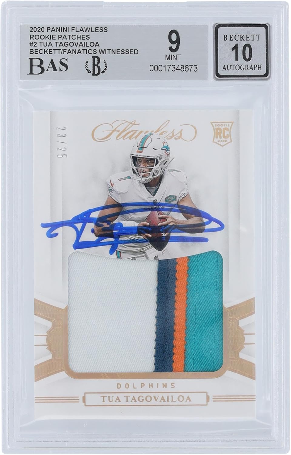 Tua Tagovailoa Miami Dolphins Autographed 2020 Panini Flawless Rookie Patches 4 Color Relic #RP2#/25 Beckett Fanatics Witnessed Authenticated 9/10 Rookie Card - Football Slabbed Autographed Rookie