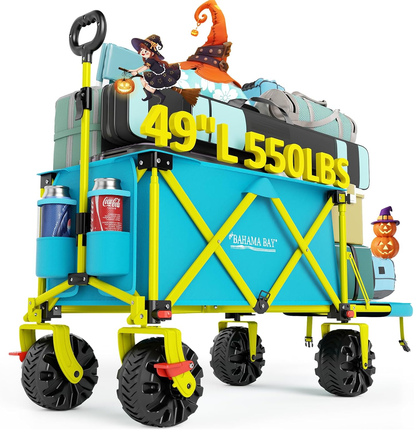 Old Bahama Bay 550lbs Extra Long 49" L Beach Wagon with Big Wheels with Brake for Sand, Collapsible Utility Beach Cart Heavy Duty Folding Wagon,Ideal for Outdoor Sand Camping Garden Pet Green