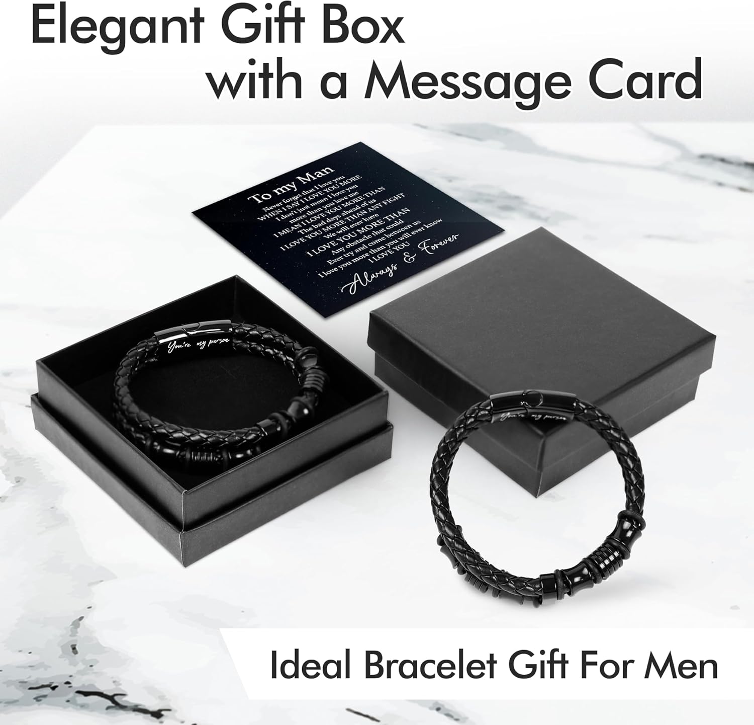 TEEZWONDER Bracelet Gifts For Men Dad - Double-Row Black Braided Leather Bracelet - Christmas Birthday Gifts For Him, Wedding Anniversary Presents for Husband from Wife - Image 3