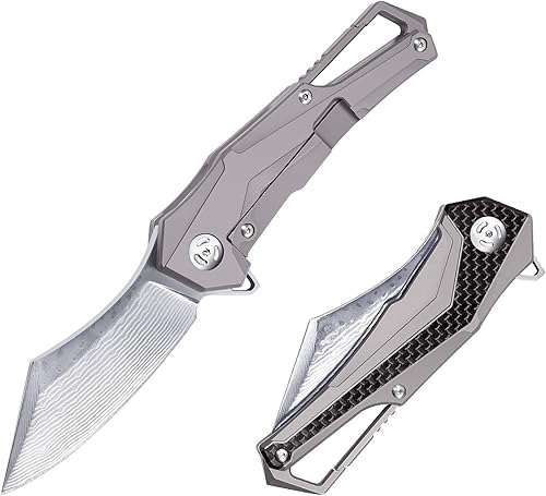Dispatch Cuchillo plegable de bolsillo de Damasco, mango de titanio TC4 con revestimiento de fibra de carbono, ligero de 4 pulgadas con funda