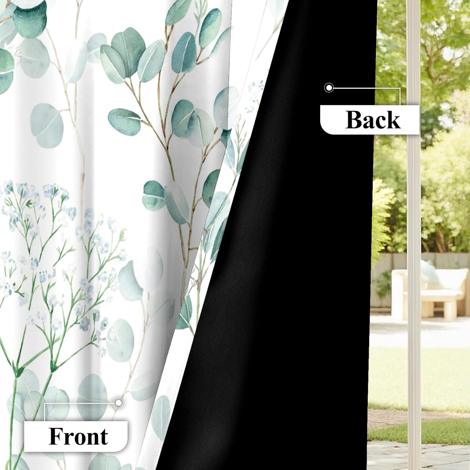 Plant Printed White Curtains Green Leaves Blackout Washable Thermal Insulated Drapes with Grommet for Seasonal Bedroom Living Room Decor,2 Panels,Each W42 xL85