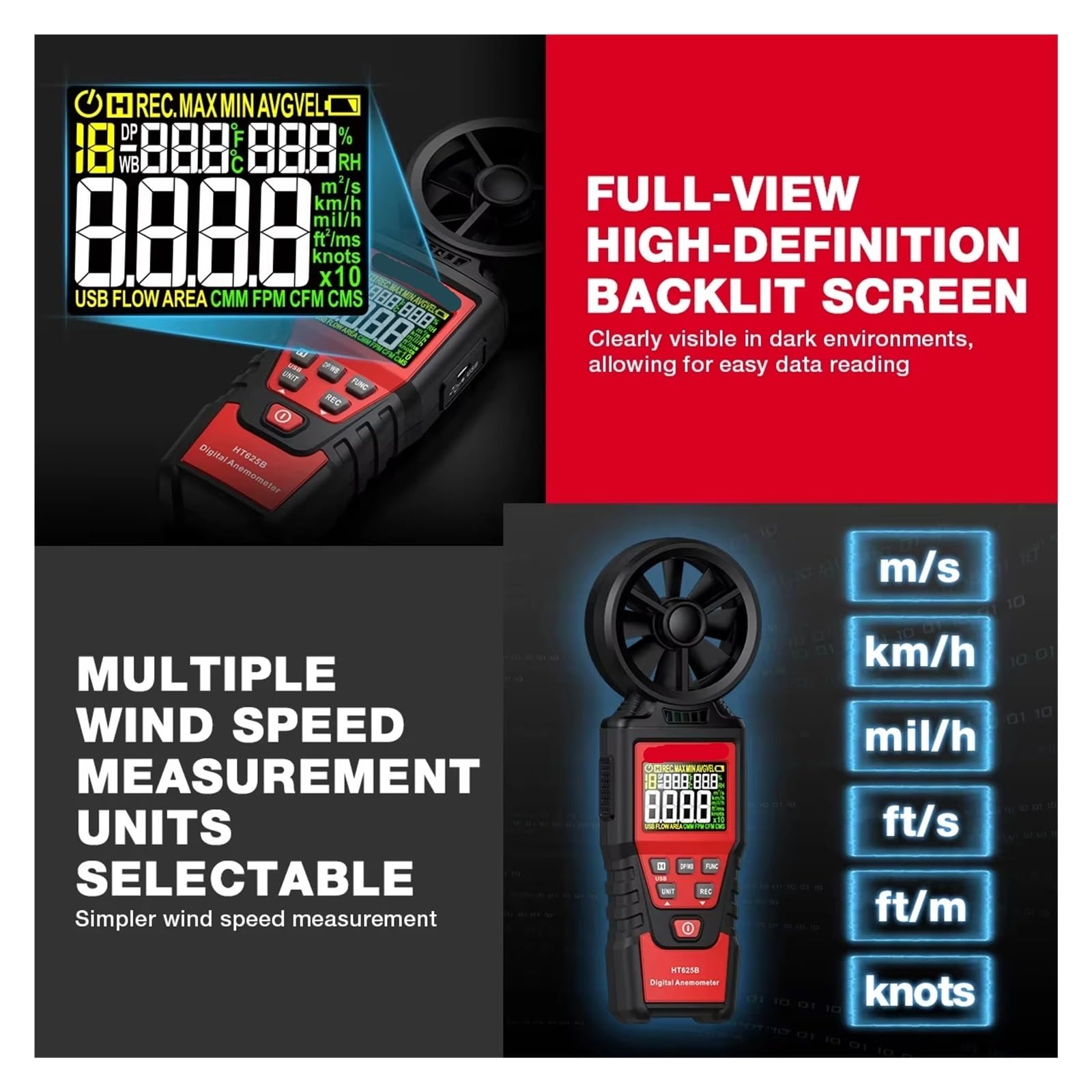 Anemómetro portátil HT625, medidor de velocidad del viento, anemómetro Digital mano, pantalla LCD(HT625B)