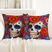 Sugar Skull Throw Pillow Covers 18x18 Set of 2 | Floral Skeleton Decorative Cushion Covers with Hidden Zipper | Colorful Gothic Boho Couch Pillowcases for Sofa Bedroom Home Decor