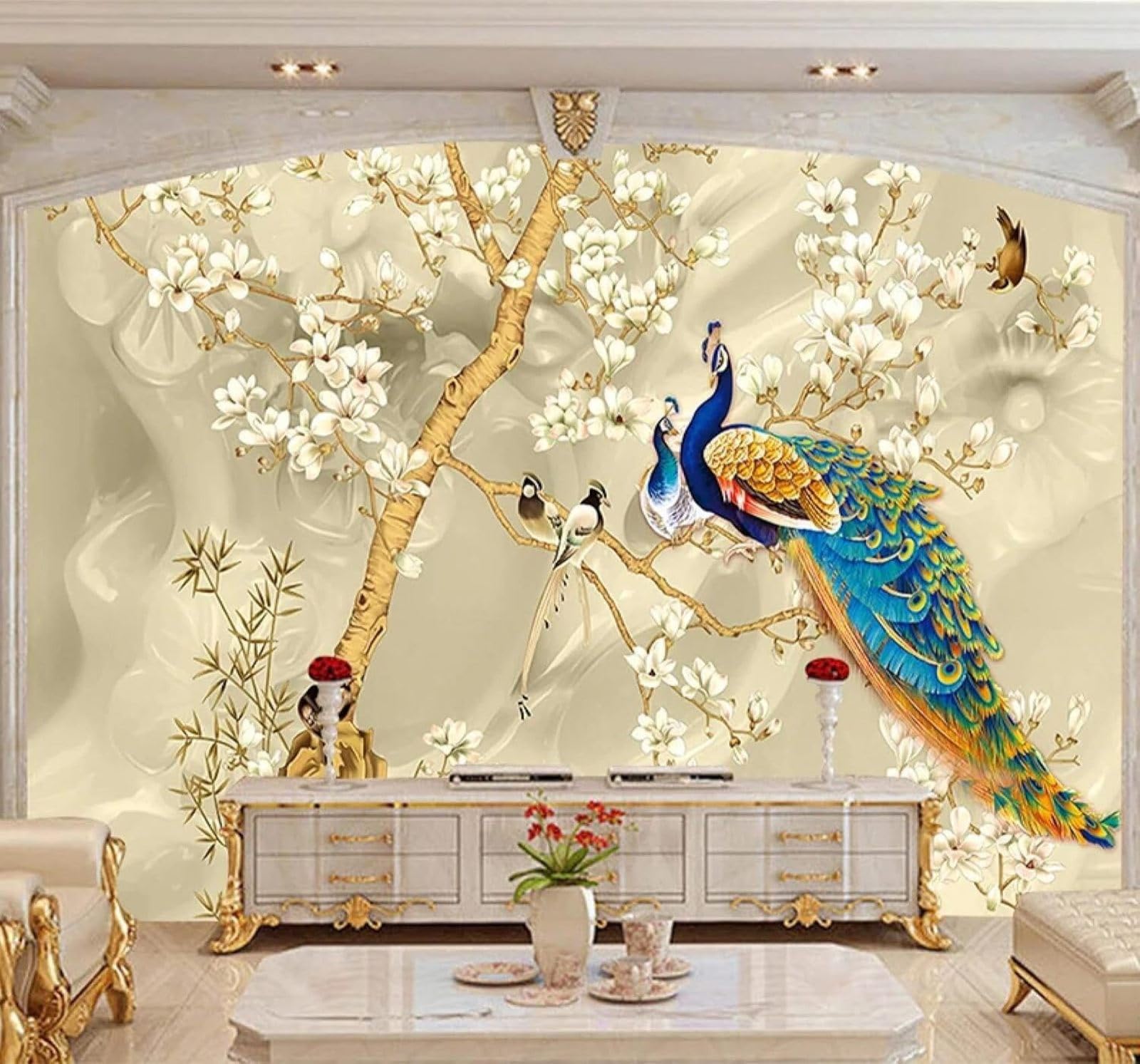 XLMING Classic Beautiful Three Dimensional Magnolia Peacock 3D Wallpaper Luxury Silk Study Dining Feature Sofa Grey Bedroom Living Room Tv Decorative Wall-350cm×256cm