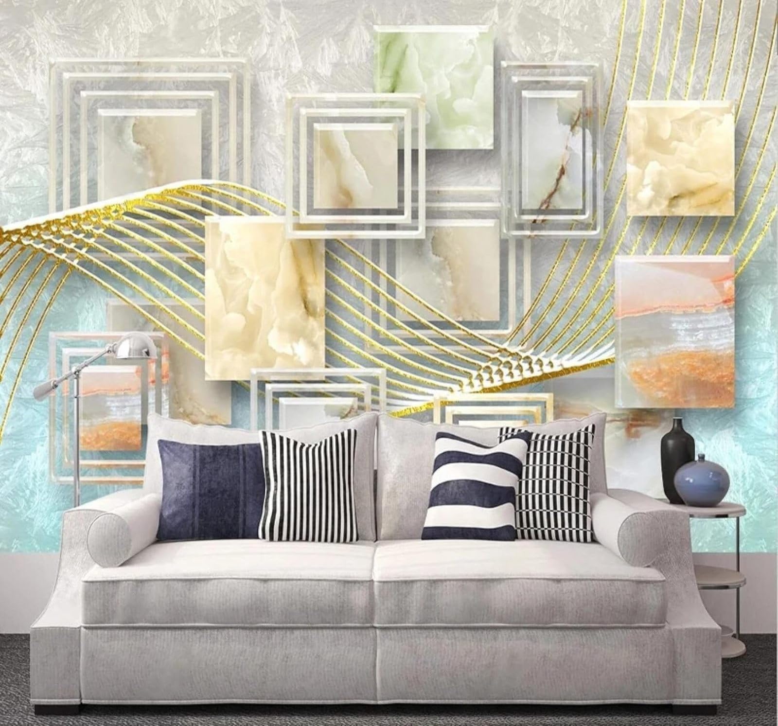XLMING Relief Geometric Blocks Gold Thread Faux Marble 3D Wallpaper Luxury Silk Study Dining Feature Sofa Grey Bedroom Living Room Tv Decorative Wall-250cm×170cm