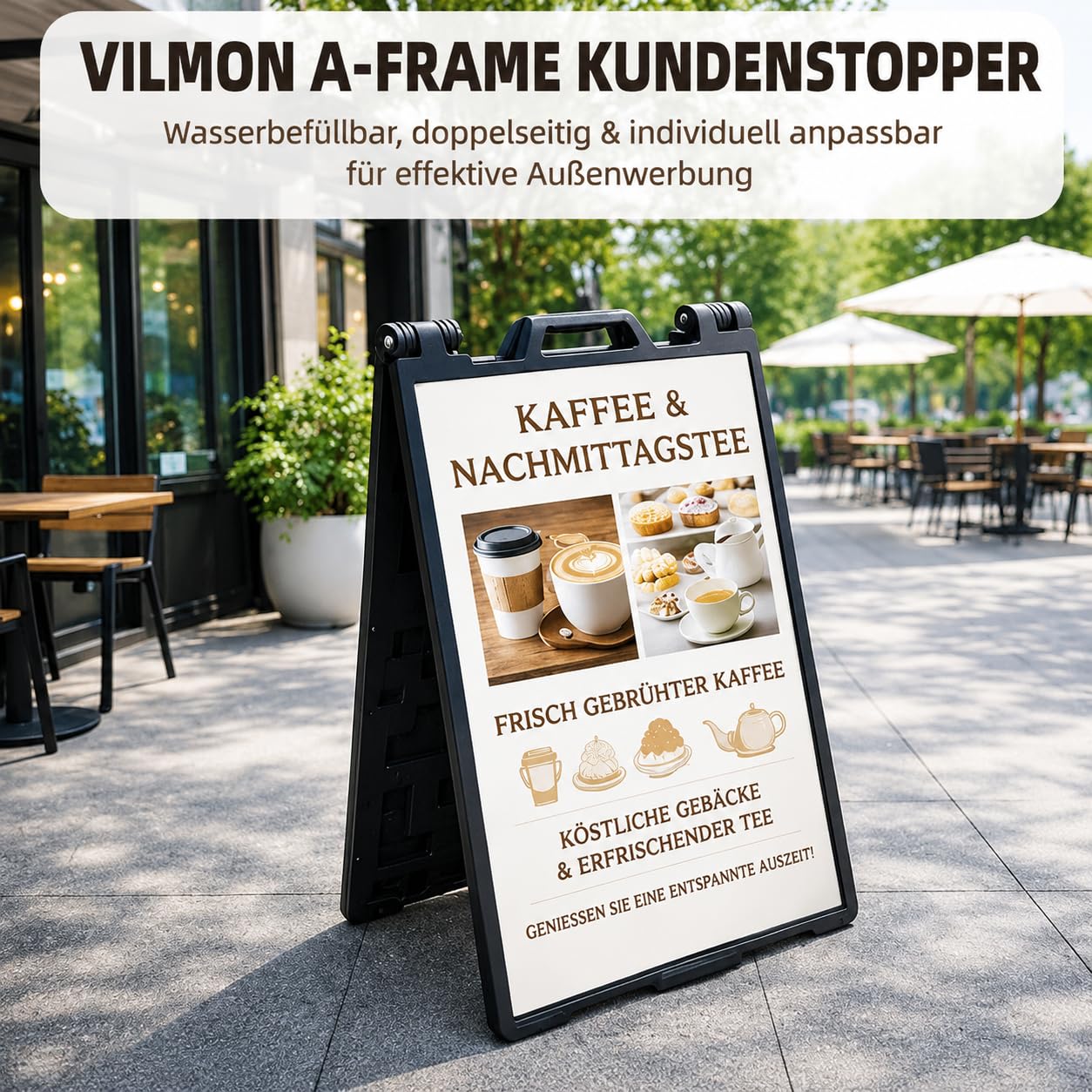 Outdoor A-Frame Kundenstopper, doppelseitiger Werbeaufsteller, ca. 104 × 65,5 × 6 cm, wasserbefüllbar, wetterfestes Gehweg-Sandwichboard für Außen- und Innenwerbung