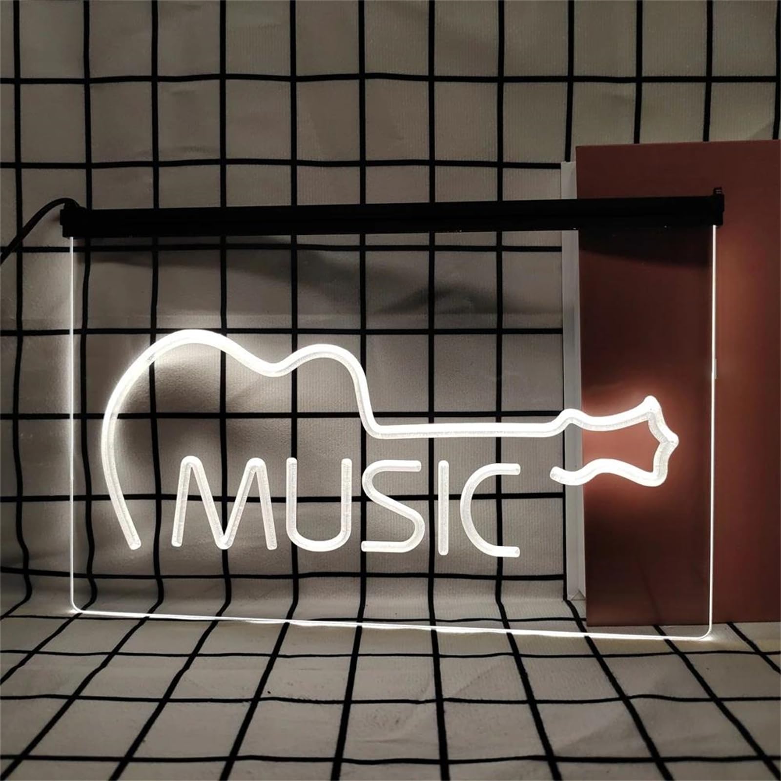 Music Guitar Neonowy szyld do dekoracji ścian – ściemniane neony LED z zasilaniem USB, idealne do sklepu gitarowego, baru muzycznego, sypialni lub klubu,White,60x40cm
