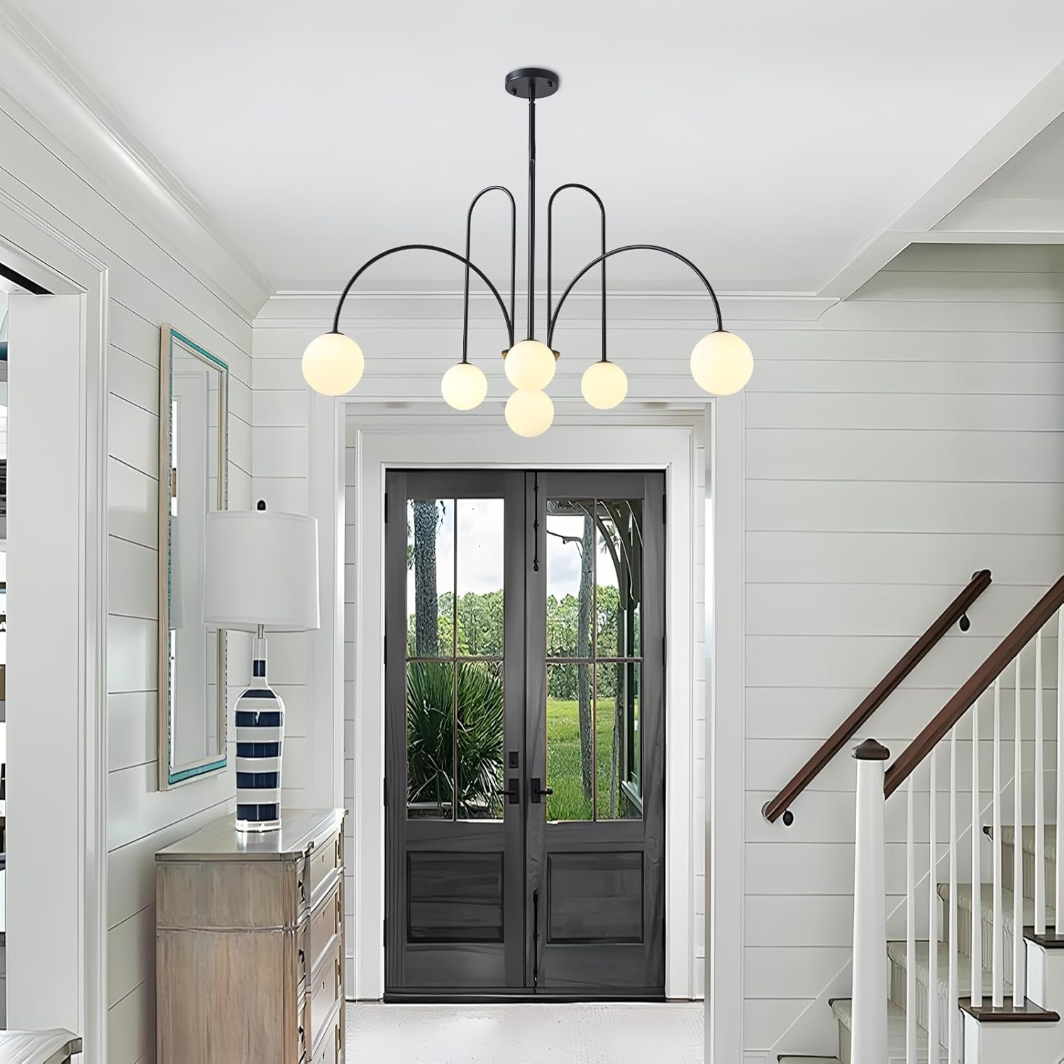 Modern Black Sputnik Chandelier 6-Light Mid Century Chandelier for Dining Room with Milky Glass Globe Ceiling Pendent Light Fixture for Living Room Kitchen Island Foyer Bedroom