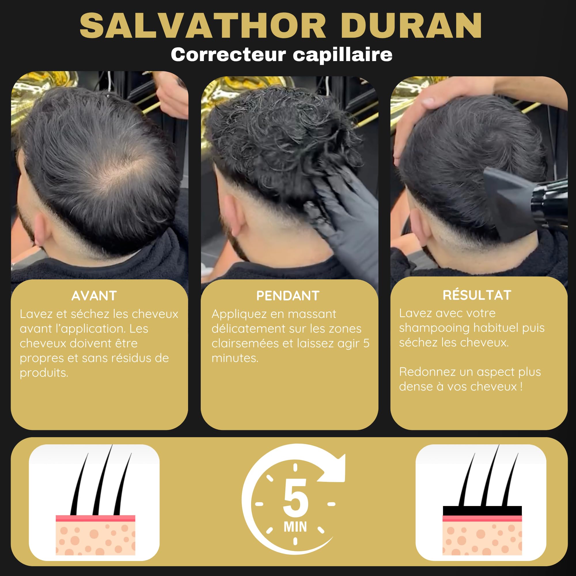 Salvathor Durán Effet Fibres Capillaires – Correcteur pour Cuir Chevelu – Alternative à la Teinture Cheveux Homme, Poudre Cheveux – Camoufle la Calvitie et Apporte du Volume (Noir, 50 ml)