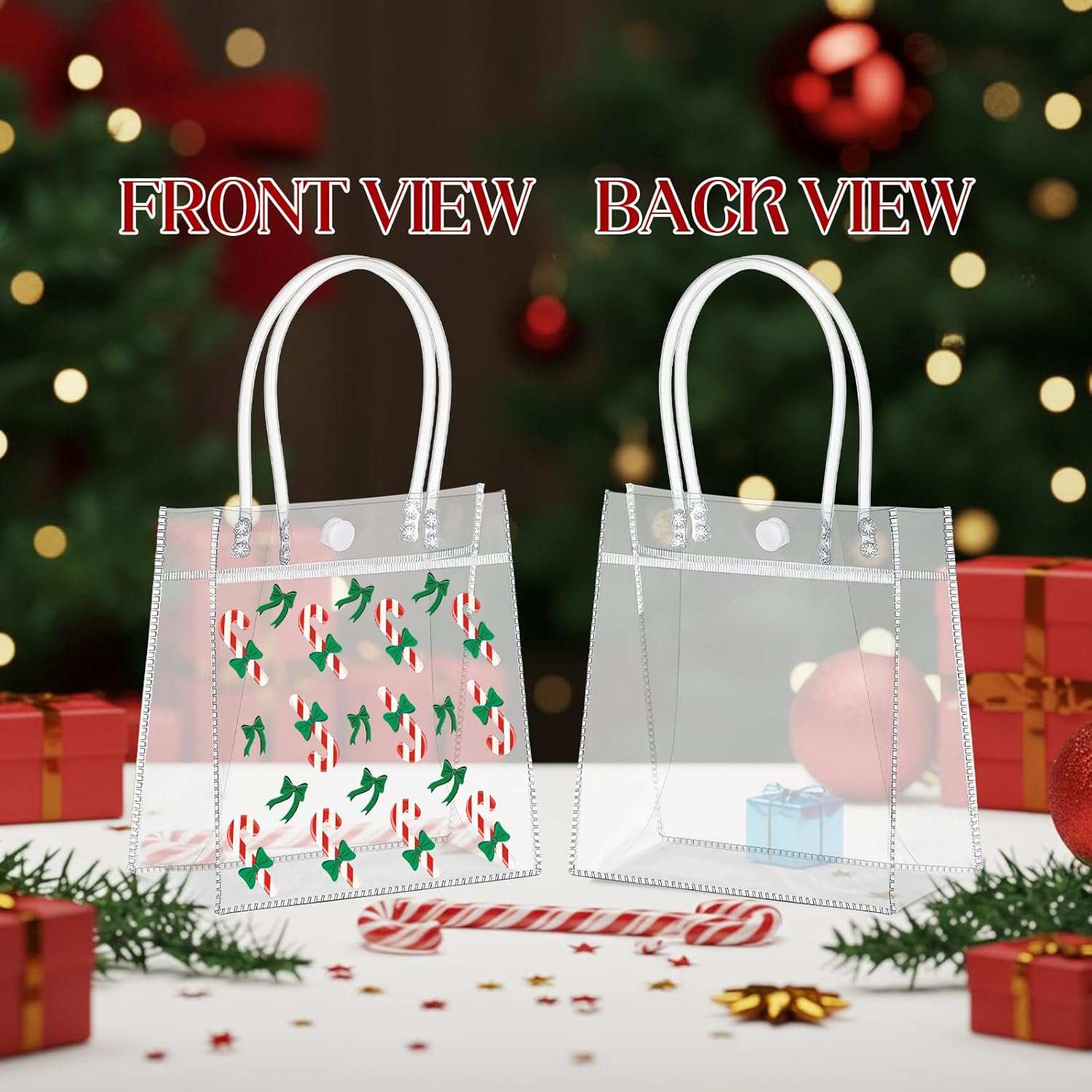 Harloon 24 Pcs Christmas Clear Gift Bags with Handles Plastic Christmas Candy Treat Party Gift Bags PVC Totes for Xmas Wedding Birthday Party Favors, 6.31 x 5.91 x 3.15 Inches (Vivid Style) - Image 6