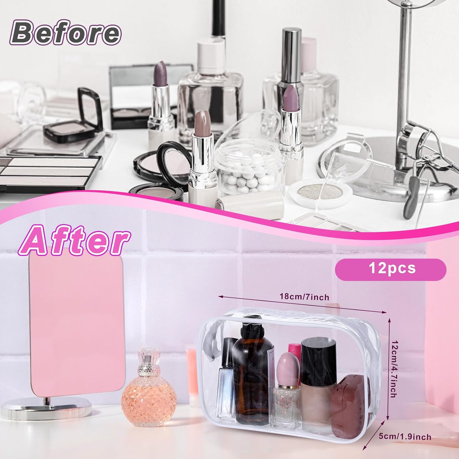 12 Pieces Clear Cosmetic Makeup Bags with Zipper PVC Zippered Clear Toiletry Carry Pouch Travel Size Plastic Waterproof Portable Transparent Organizer Case for Men and Women Traveling and Organizing - Image 2