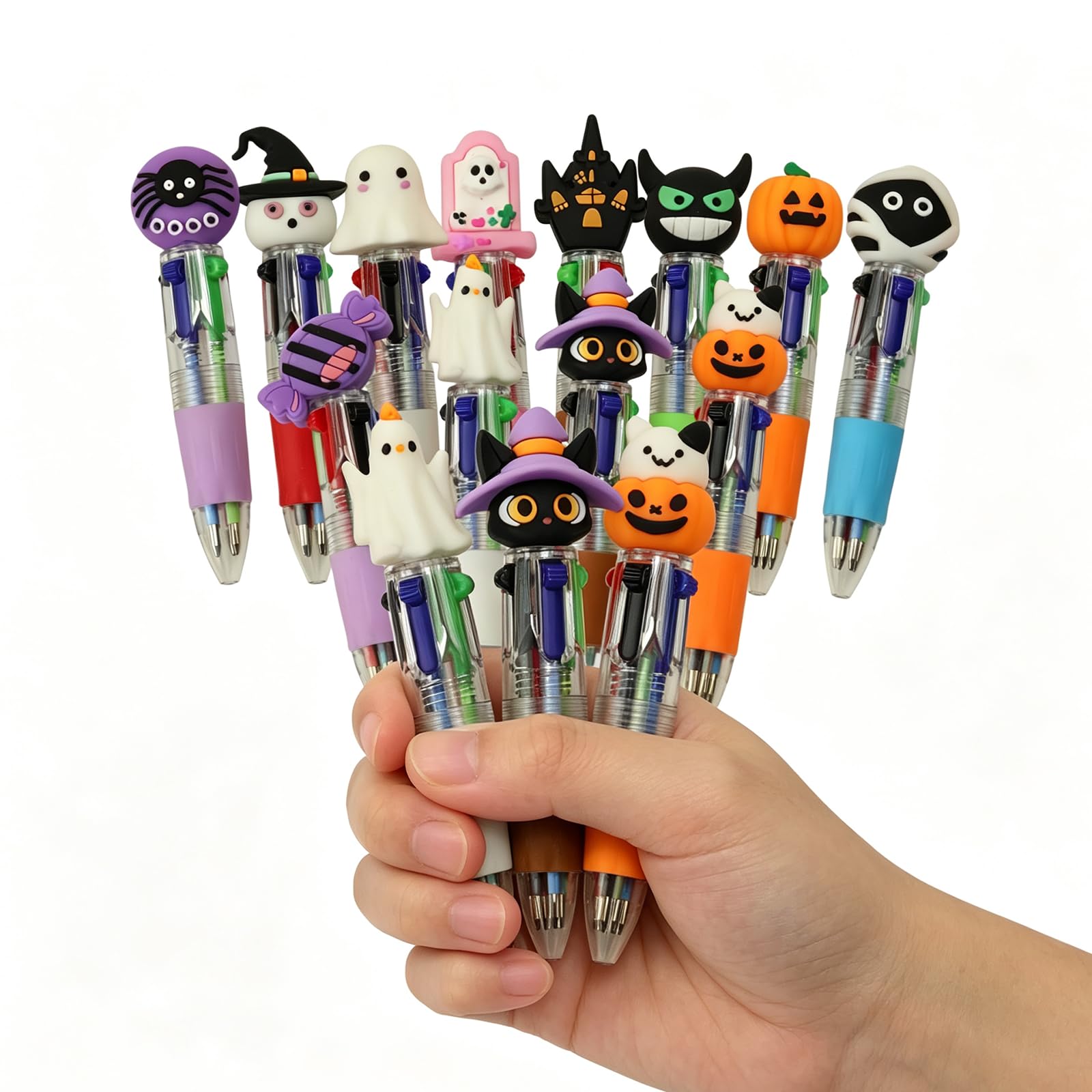 YUN CHUN 12 Pcs Halloween Mini Multicolor Pens 4-in-1, Cute Ballpoint Pens Bulk for Student, Pumpkin Ghost Bat Cartoon Pens for Halloween Party Favors