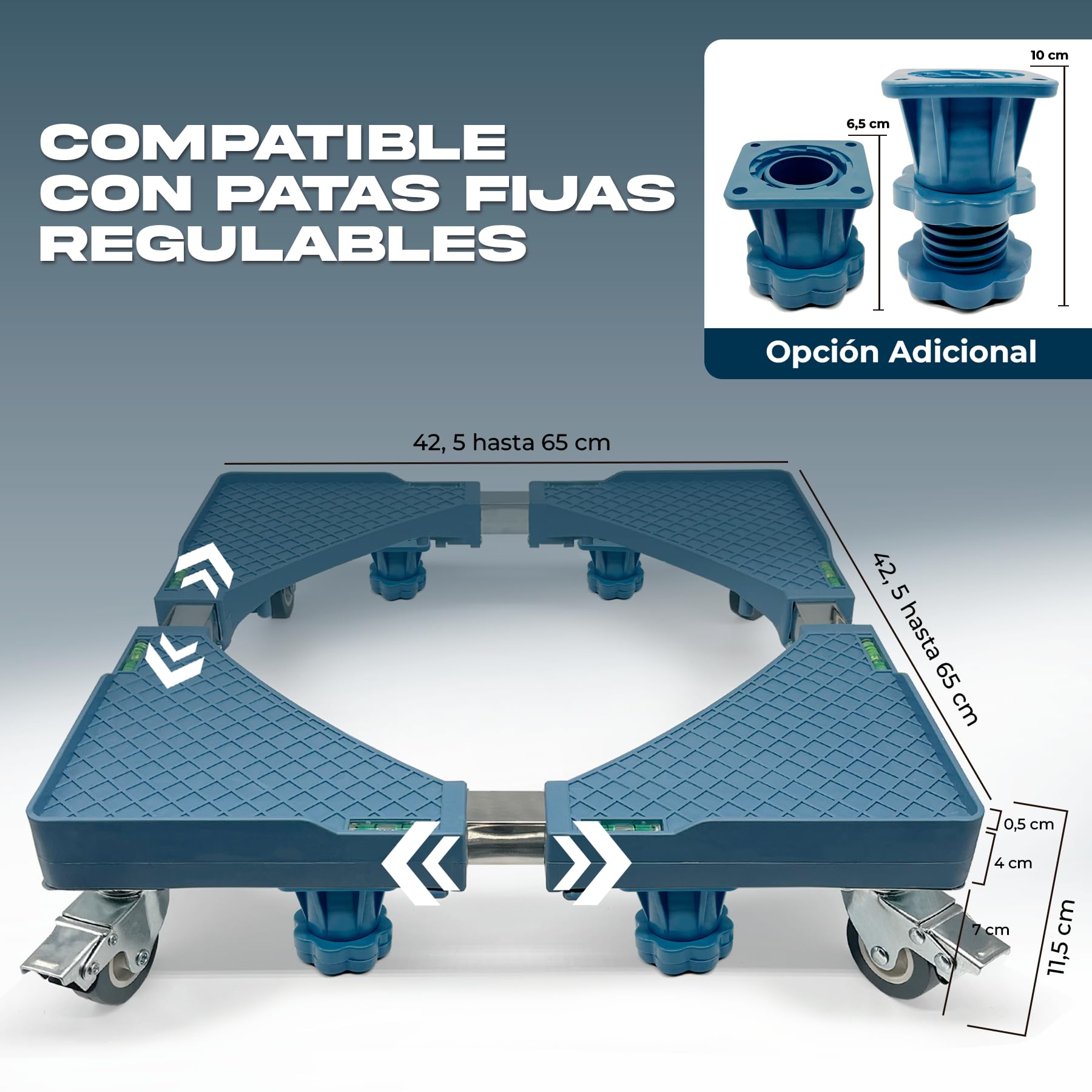 Base Regulable Carro para Lavadora con Ruedas Cia&Co – Soporte Ajustable 42,5–65 cm – Plataforma Móvil profesional hasta 300 kg – Para Frigorífico, Secadora y Electrodomésticos (BASE + 4 RUEDAS)
