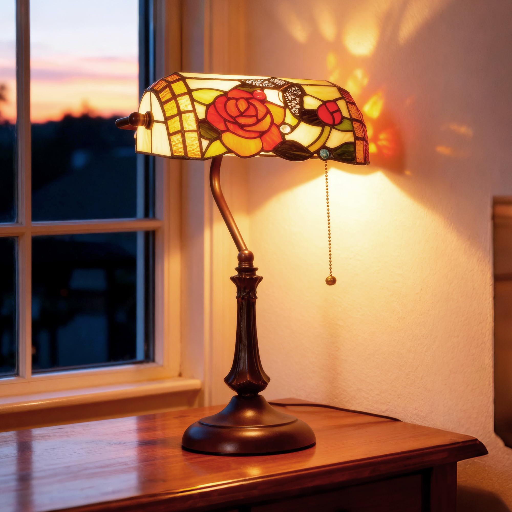 HOMCOM Tiffany-Style Stained Glass Table Lamp - Rose & Butterfly Design - Bronze Base