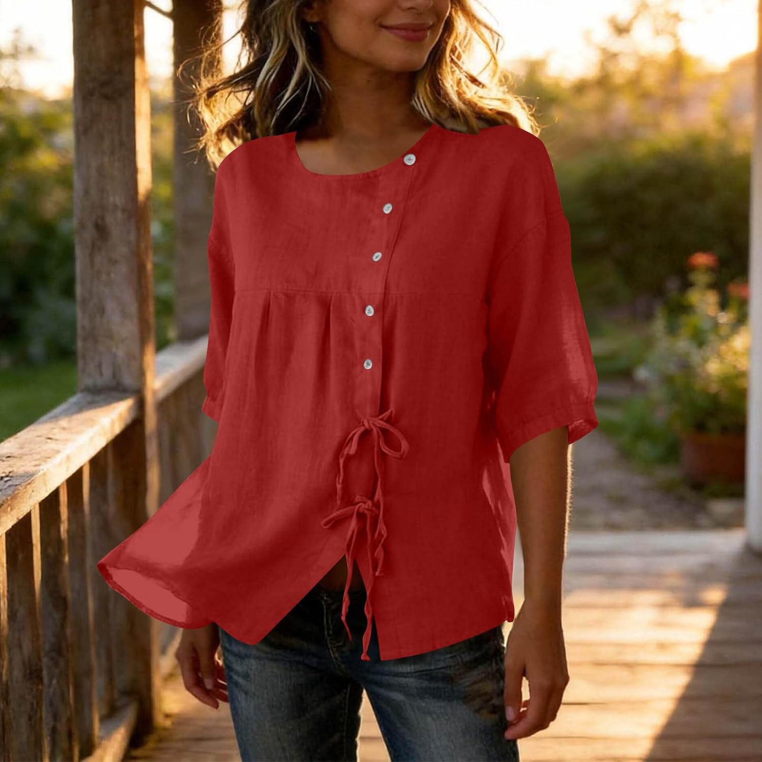 Womens Summer Gauze Tops Casual Linen Cotton Blend Blouses Short Sleeve Crew Neck Linen Shirts Beach Vacation Tees