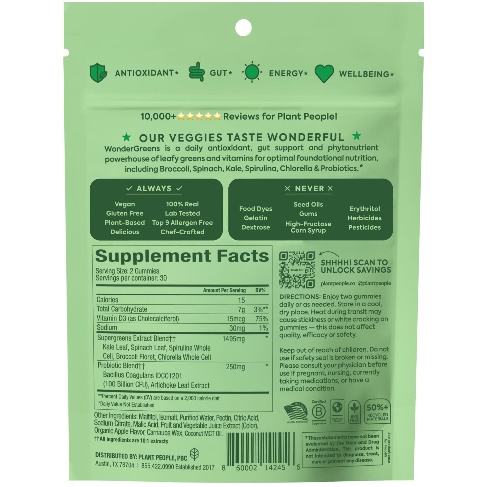 Plant People WonderGreens Veggie Gummies Super Greens with Probiotics Multivitamin Support Gummy for Wellbeing, Energy, Immune and Gut Health, Green Apple Flavor (60 Count)