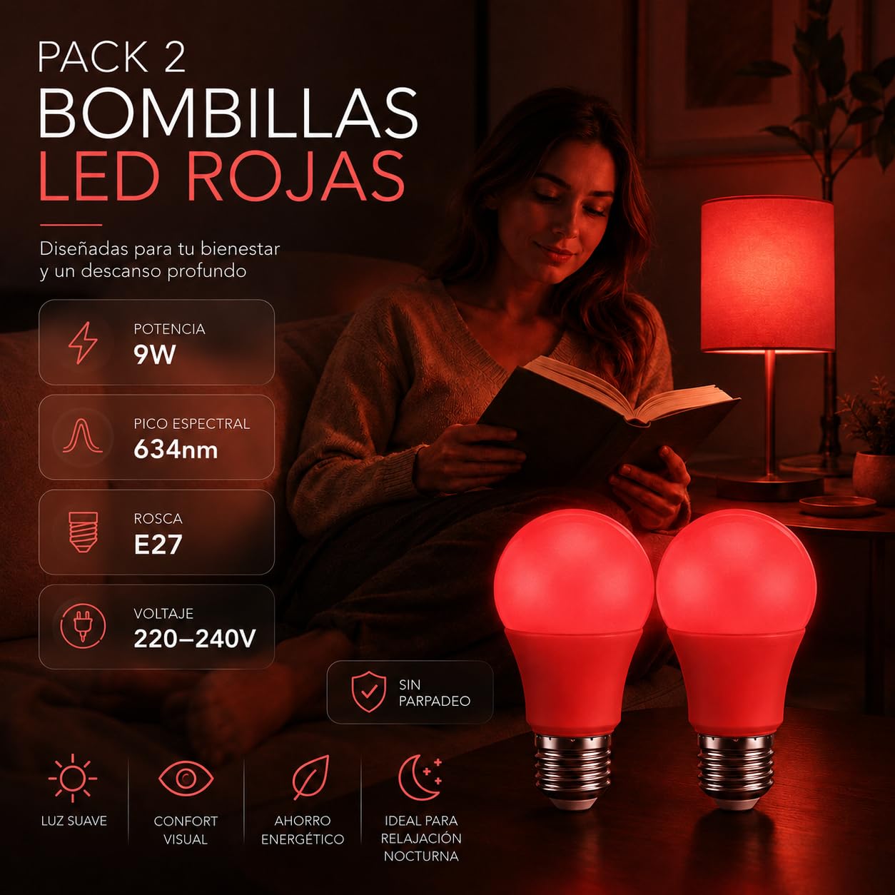 Bombilla Luz Roja E27 para Dormir y Melatonina | Pack 2 Bombillas LED de 7W Nocturnas 634nm sin Luz Azul | Luz Roja Bebé, Descanso y Biohacking | Anti Flicker (7, Vatios)