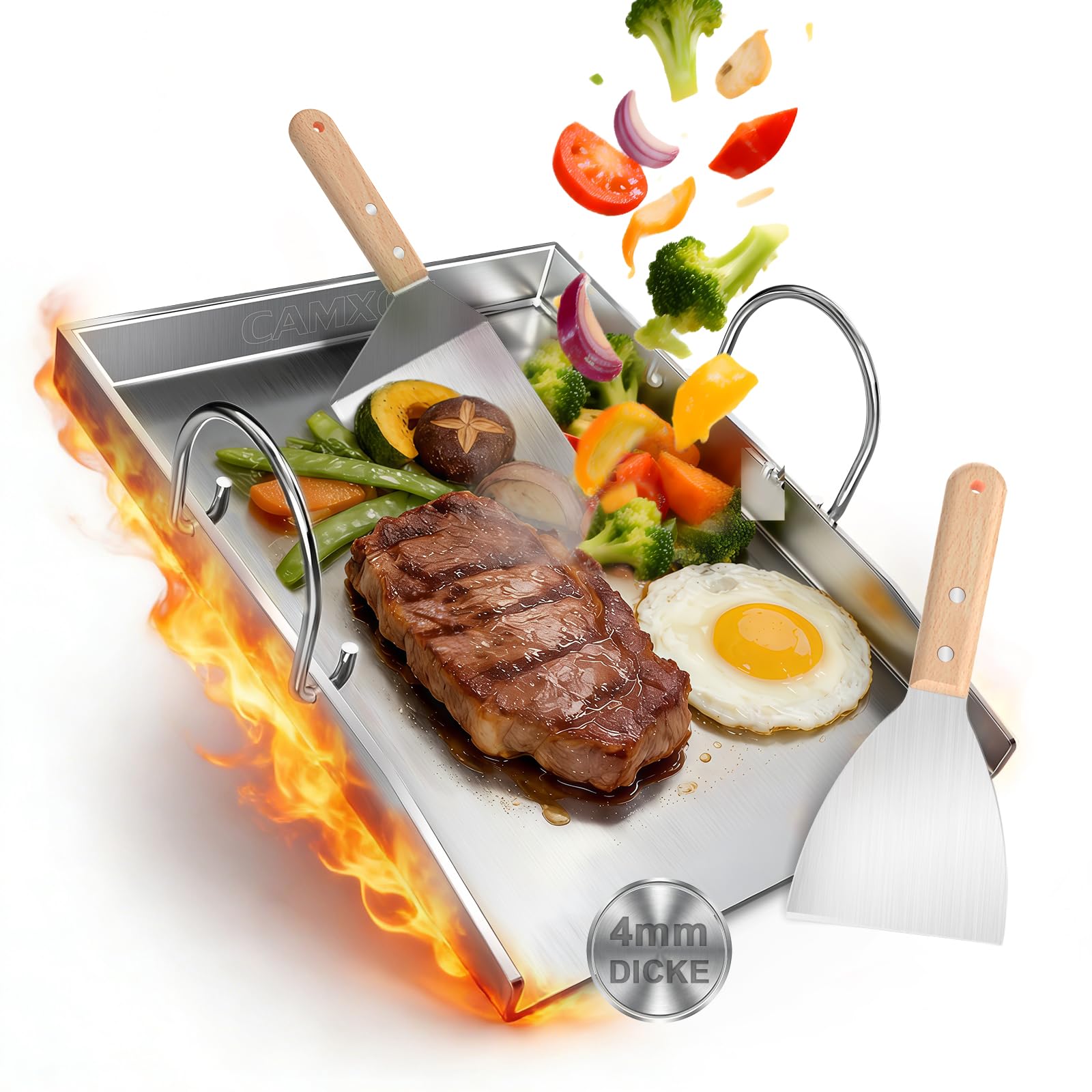 Camxon Universelle Edelstahl Plancha Grillplatte 40.5×31CM mit 4MM verdickt, mit Fettablauf, Spülmaschinenfest inkl. für BBQ Gasgrill & Kohlegrill Geeignet