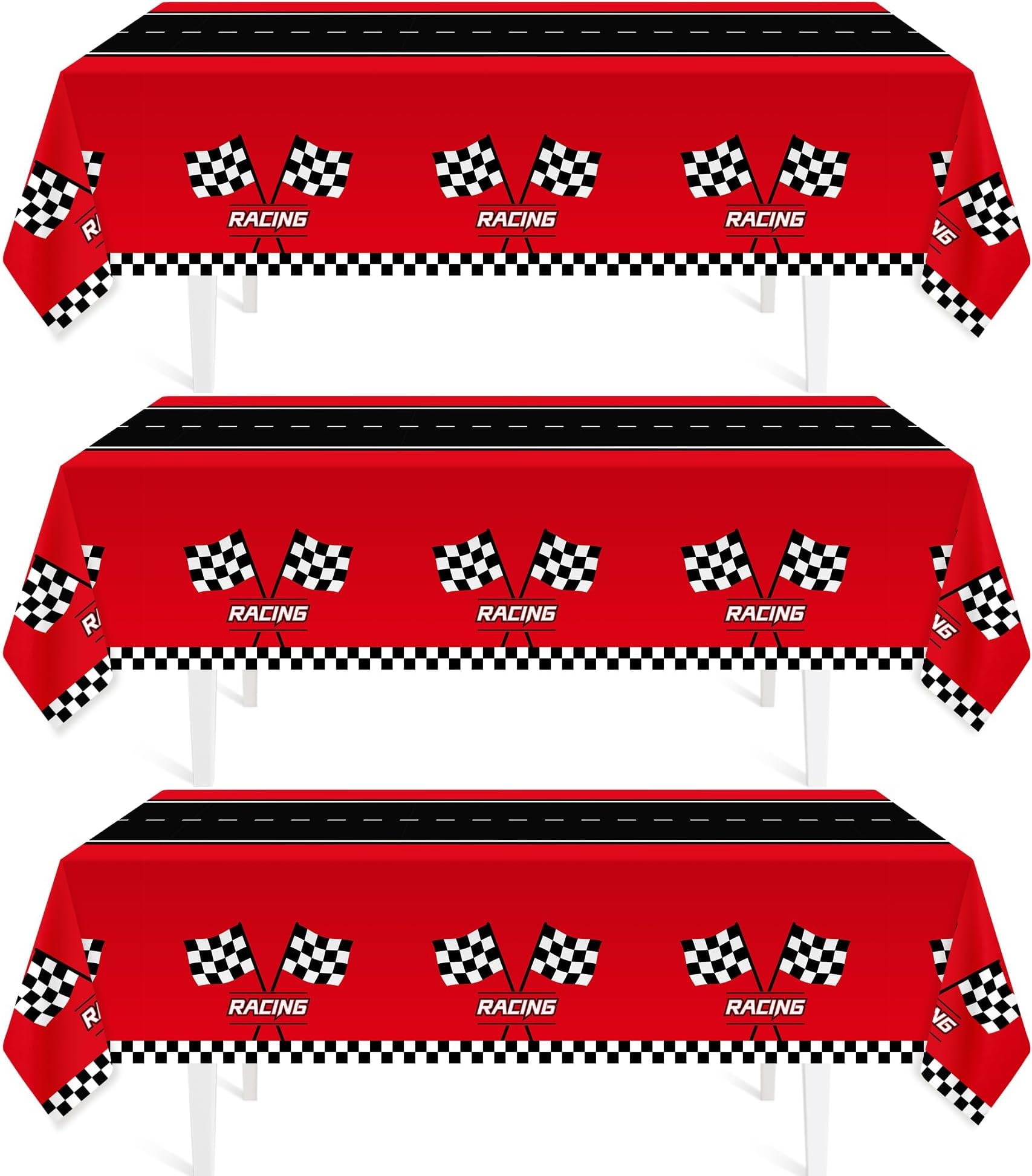 Childom 3Pcs Racing Car Plastic Tablecloth, Race Birthday Party Decorations, 54'' x 108'' Checkered Table Cloth Decor, Favors Rectangular Tablecloth for Boys Baby Shower Home