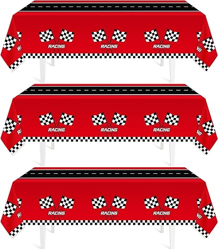 3 manteles de plástico de coche de carreras, decoración de fiesta de cumpleaños de coche de carreras, mantel a cuadros de 54 x 108 pulgadas,