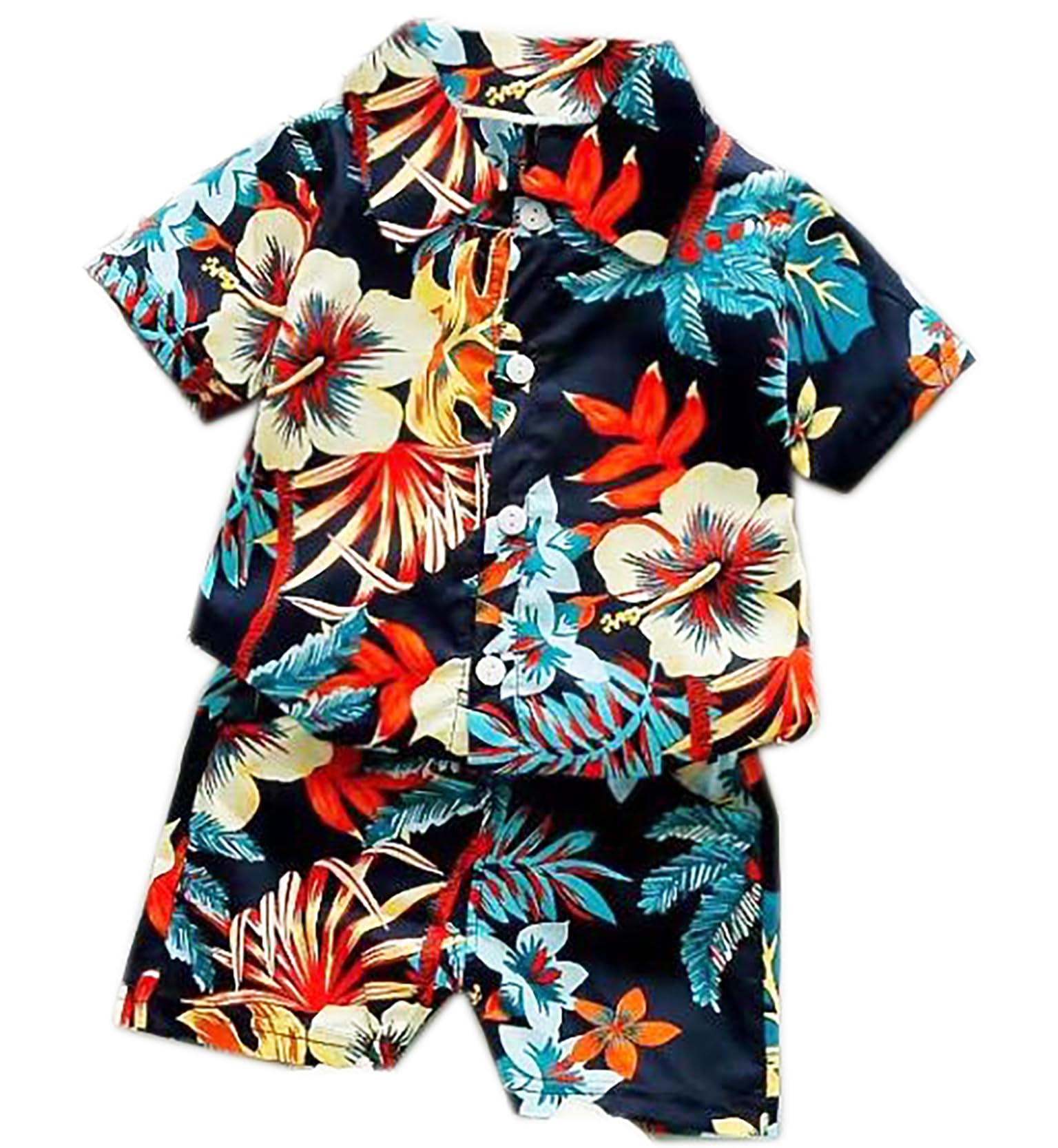 ASYBHYY Conjunto de Camisa y Pantalón Corto Hawaiano para Niños Pequeños 3.5-5 Años, Traje Casual Camisa Corta Camiseta Abotonada con Estampado Floral de Hojas & Pantalones Cortos