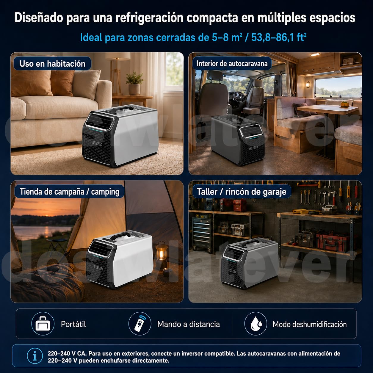 Nuevo aire acondicionado portátil 5000 BTU, 220-240V para casa y caravana, con filtro lavable, modo deshumidificación, temporizador y modo sueño, ideal para habitaciones, oficina o van Silver-220V
