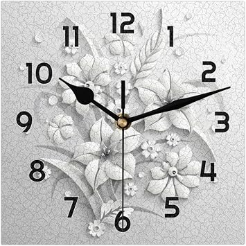 White Floral Wall Clocks Silent Non-Ticking Square Clocks Battery Operated Decorative Desk Clock Modern Rustic Aesthetic Wall Clock for Home Kitchen Bedroom Bathroom Office 8 Inch