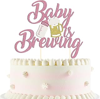 1 Pack Glitter Baby is Brewing Cake Topper for Beer Themed Baby Shower Decoration Beer Baby Gender Reveal Decoration (Pink baby)