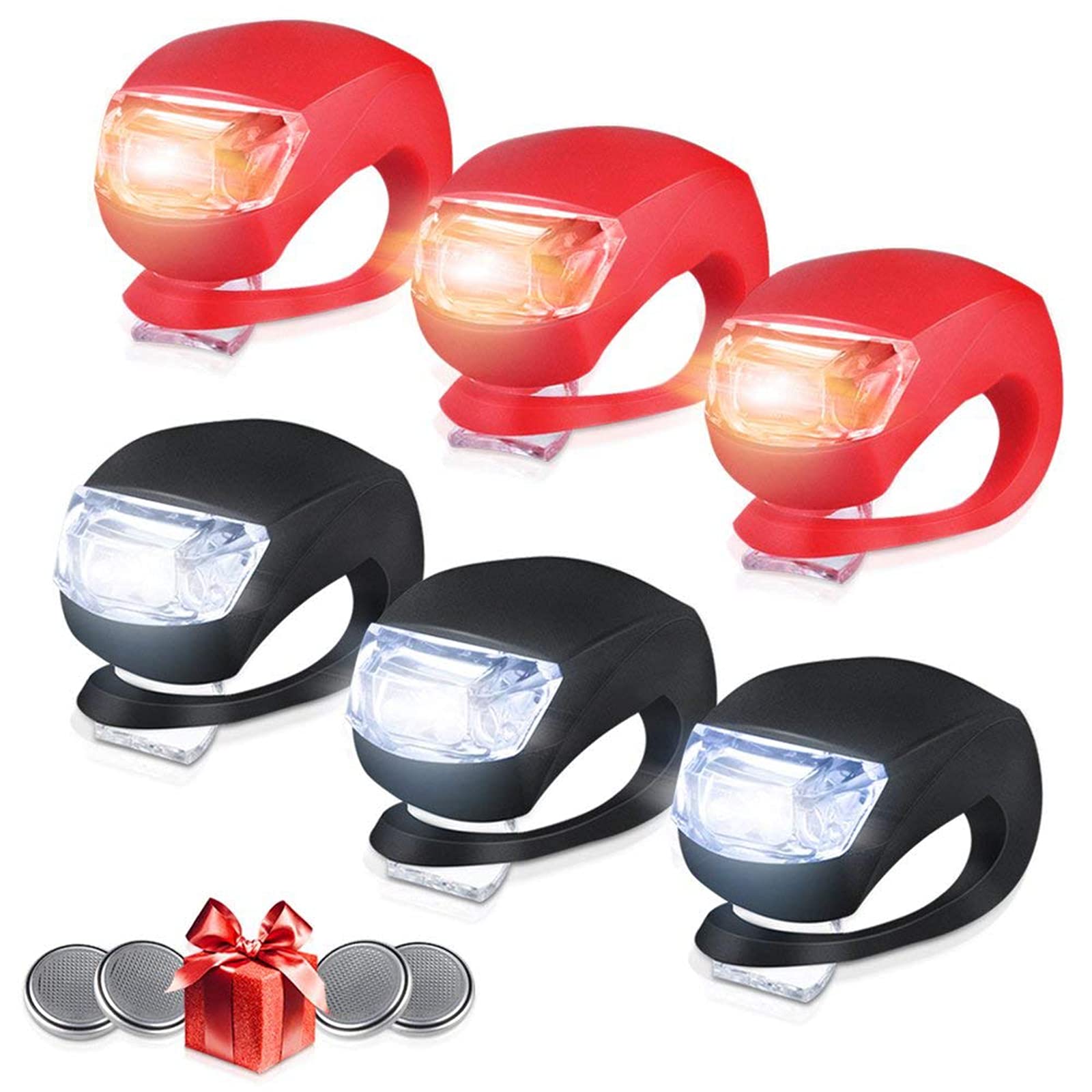 Set of 6 Bike Lights Front and Back, LED Clip-On Silicon Bicycle Lights with Waterproof Silicone Housing, Multi-Purpose Water Resistant Headlight
