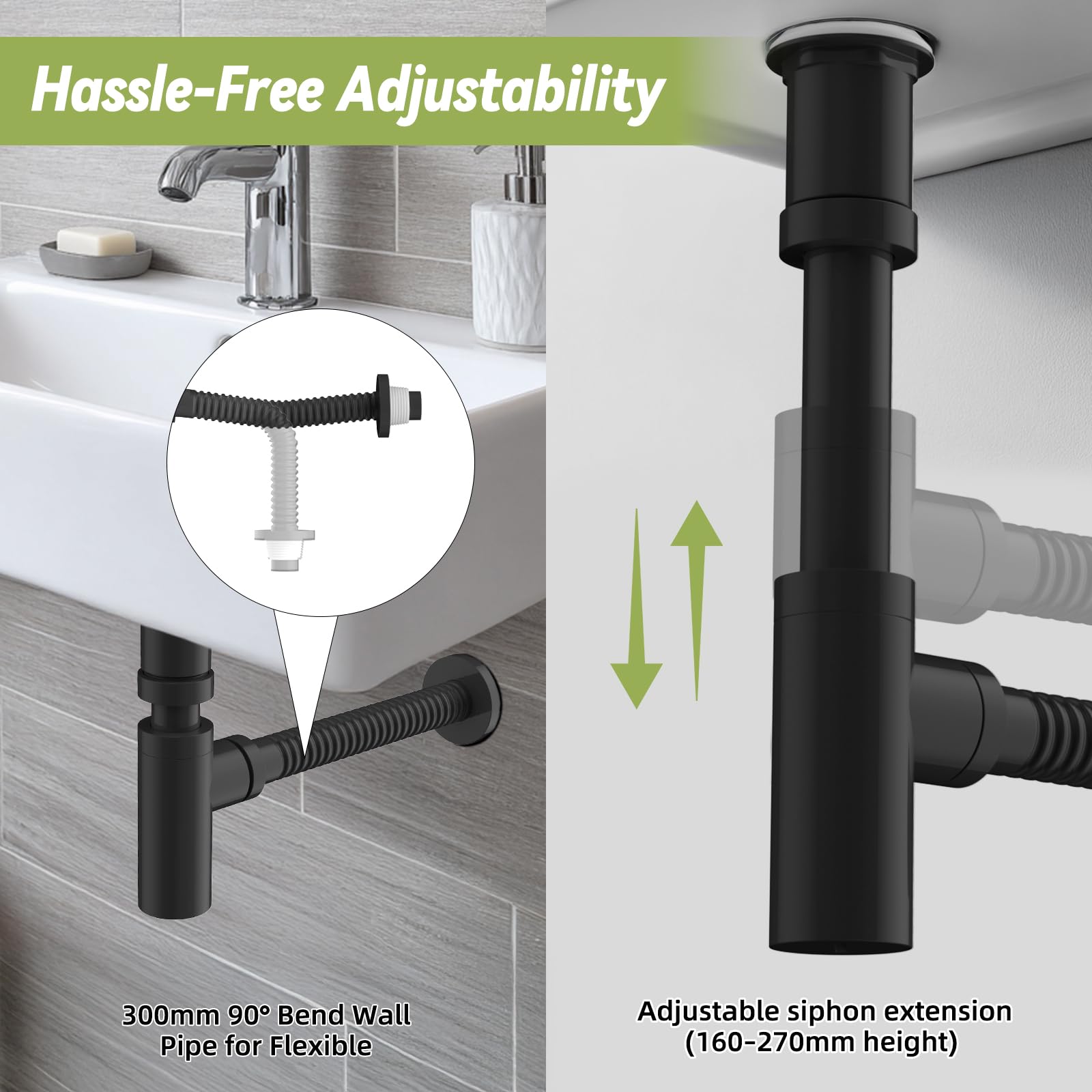 Hibbent Bathroom Sink Bottle Trap with Pop Up Plug, G1 1/4'' (40.4mm), Basin Waste Pipe Kit (for Basins with an Overflow) - Image 3