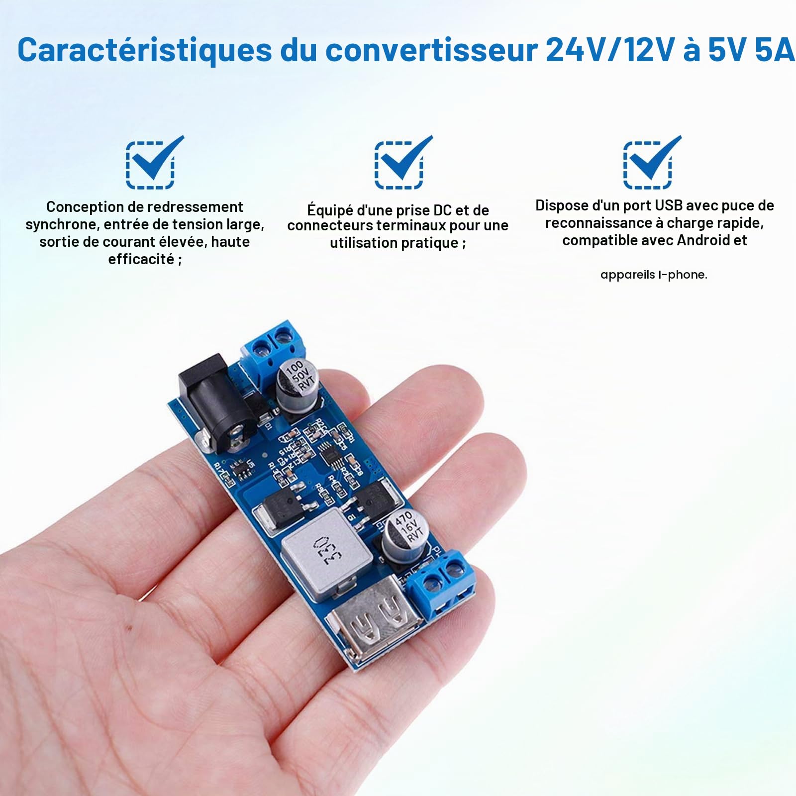 Buck Converter Module RUIZHI 6 pièces DC-DC Convertisseur d'alimentation Réducteur 24 V/12 V à 5 V/5 A Step Down Power Module avec port USB Prend en charge la charge rapide compatible Arduino