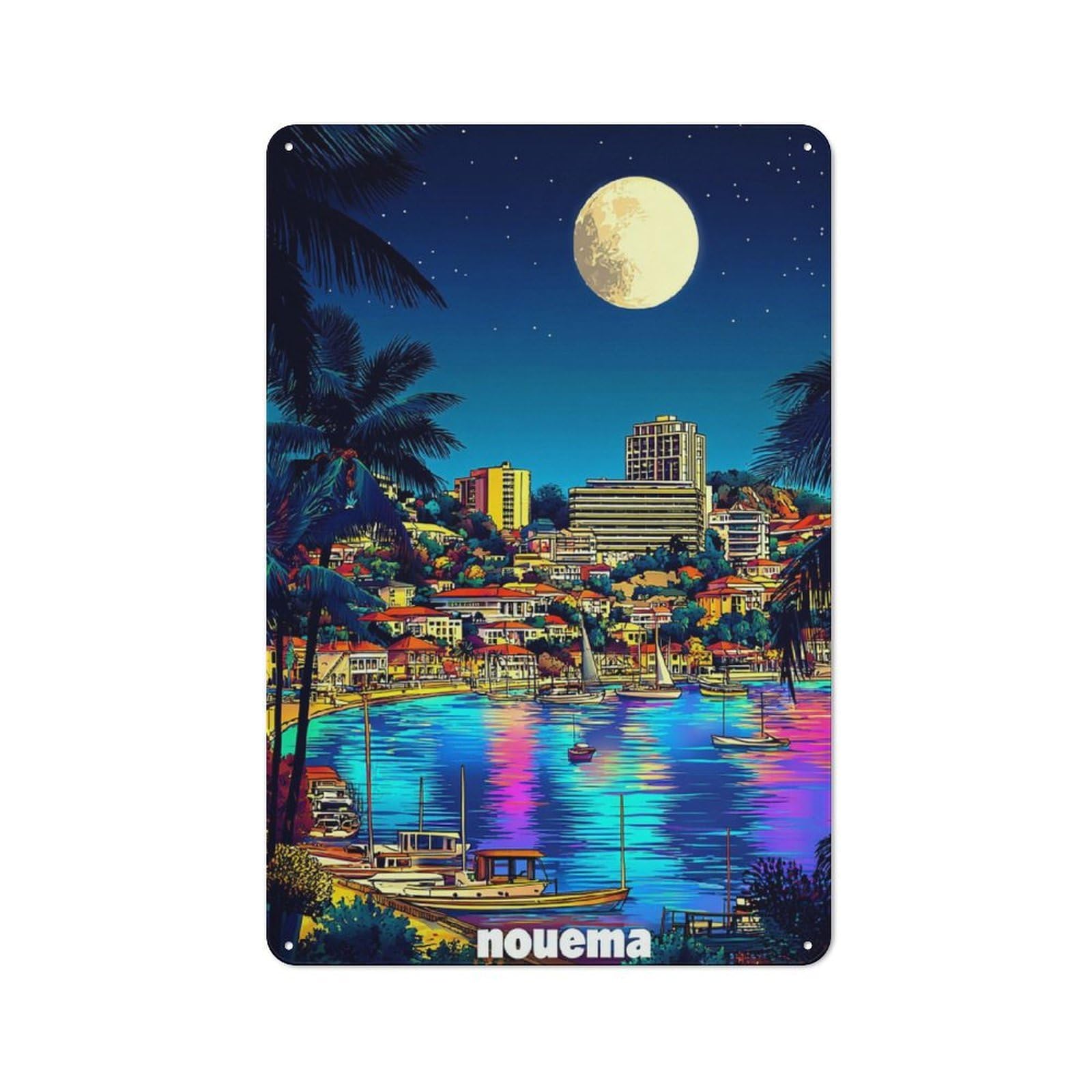 Junmoney Full Moon Over Tropical Harbor Tin Wall Plaque 30X20cm With For Café Or Restaurant, Suited To Restaurant Decor Fans