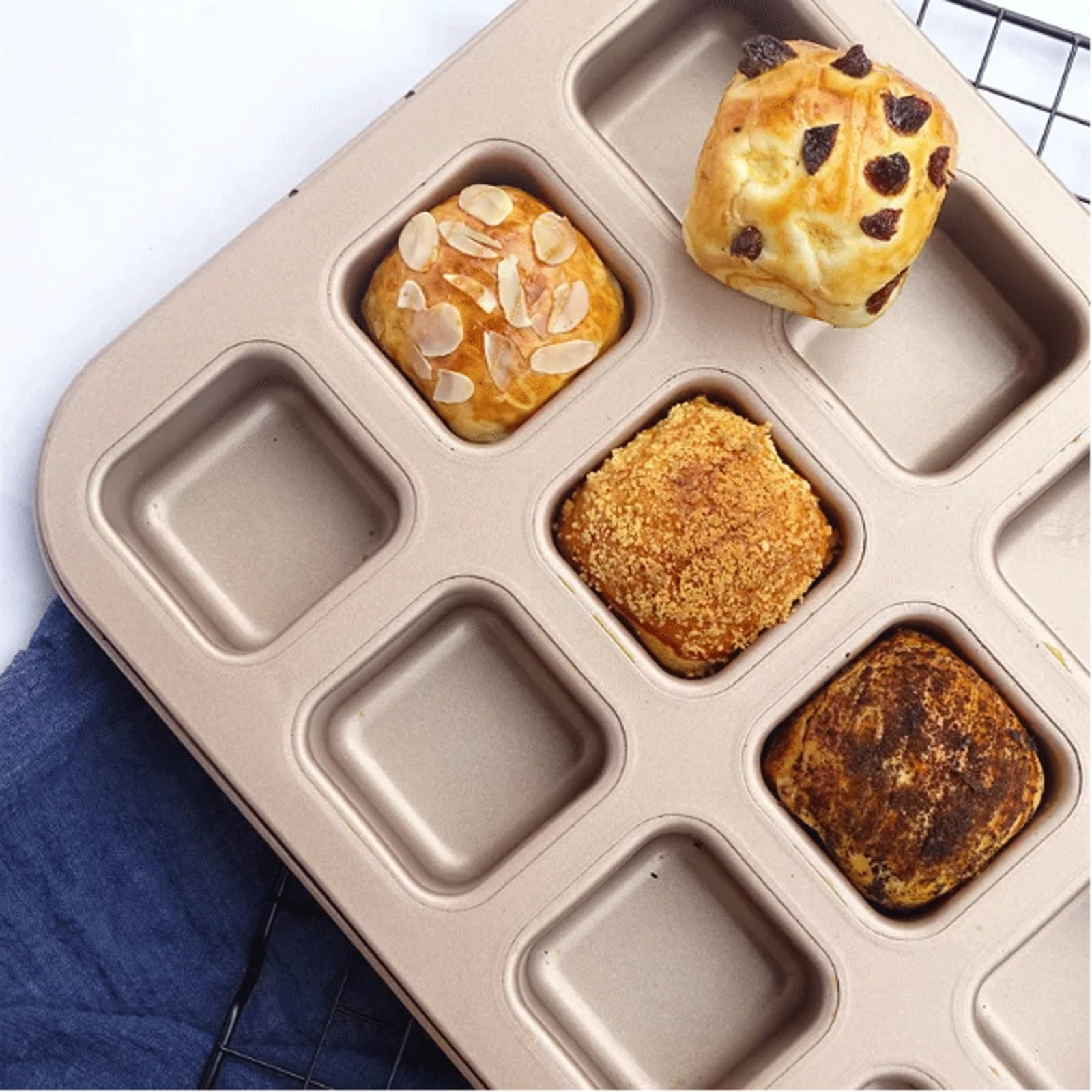 Moule à muffins carrés 12 cavités - antiadhésif for mini-pains, hamburgers et gâteaux, compatible four, micro-ondes lave-vaisselle