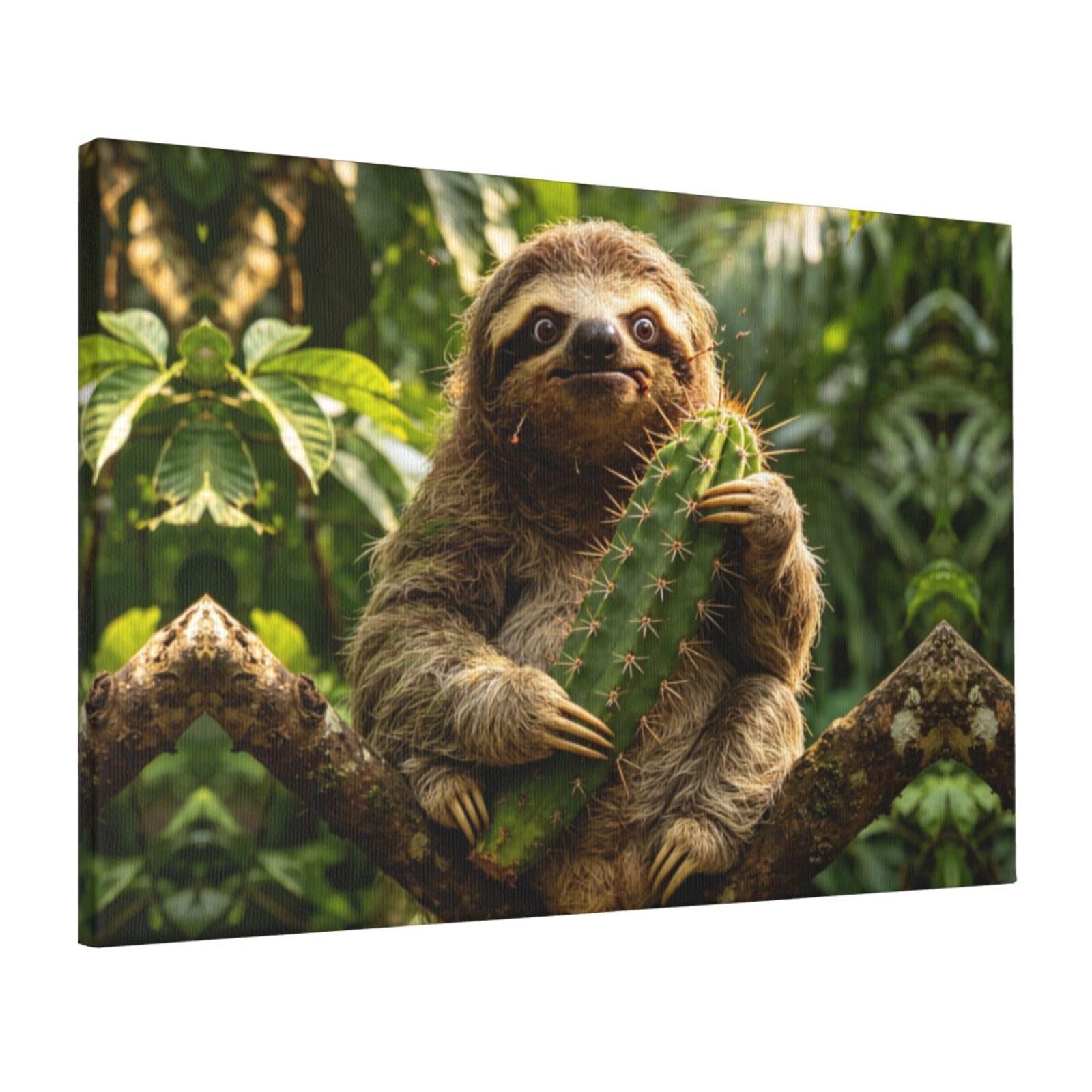 CNTDBU Cactus and sloth Canvas Wall Art 16x24 Inch-Large Modern Painting Print for Living Room, Framed Ready to Hang Artwork for Bedroom