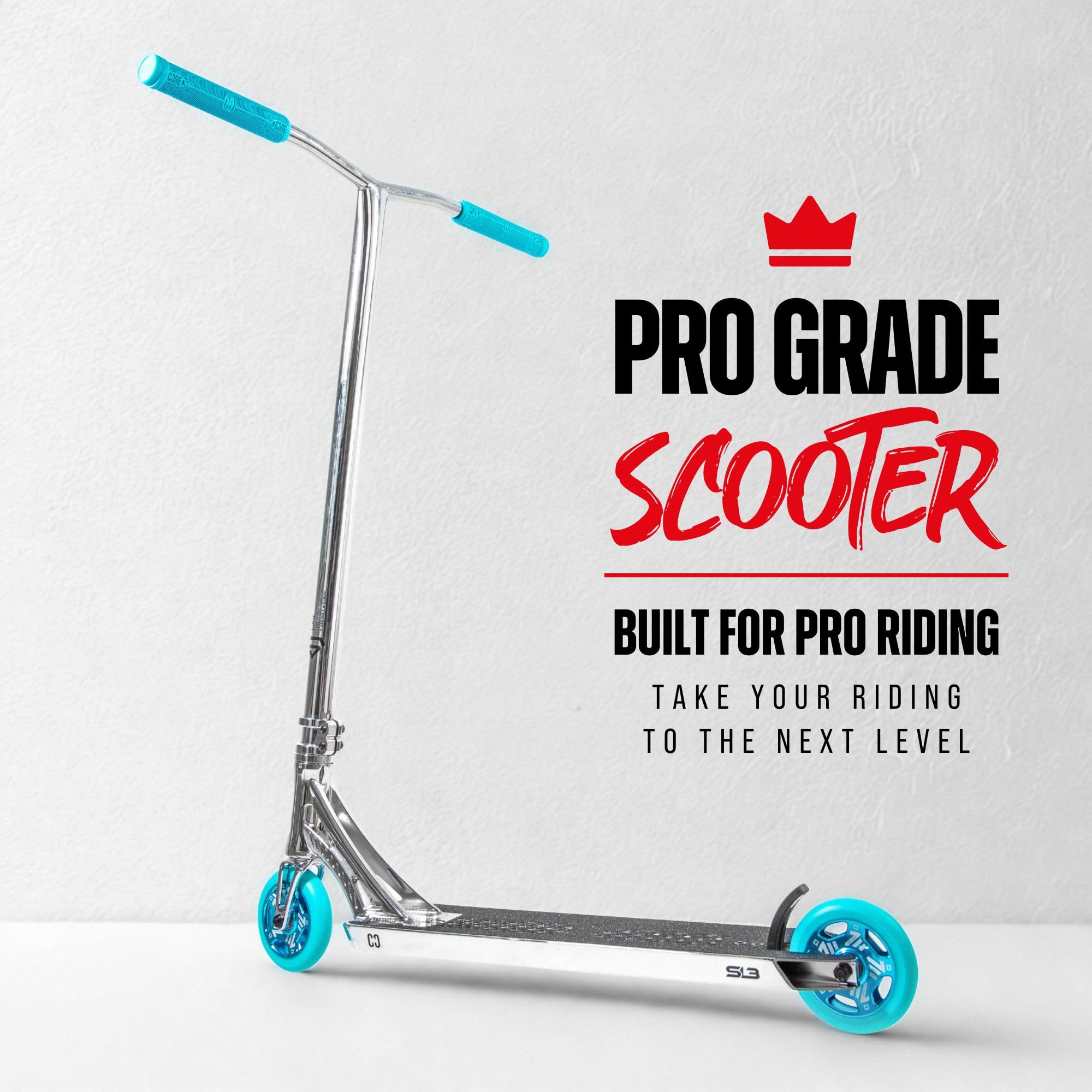 CORE SL3 Trottinette complète – Trottinette professionnelle pour tous les âges – Trottinette Pro pour enfants et adultes – Prêt à rouler – Chrome/bleu sarcelle