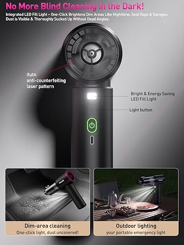 Miniatura 7 de Mini aspiradora portátil inalámbrica con luz LED, potente succión de 15000 PA, alta potencia de 80 W, vacío con un solo clic, filtro HEPA doble,