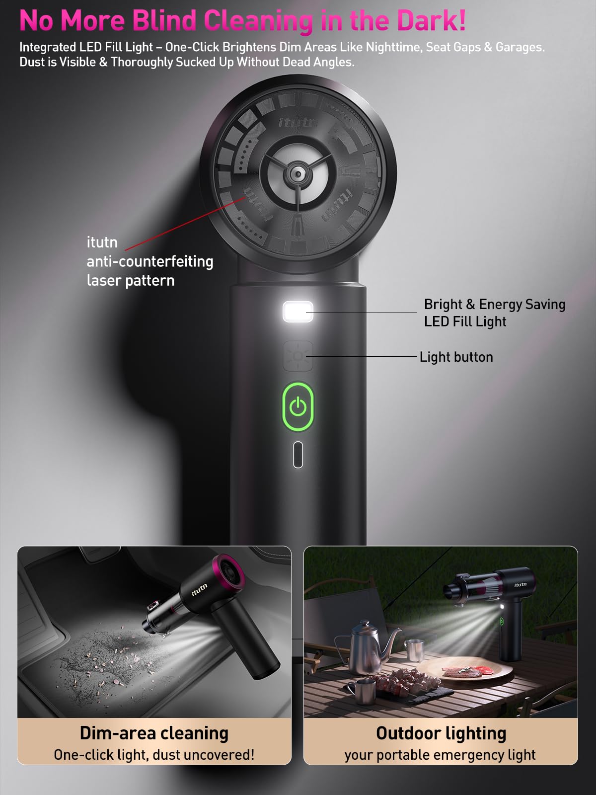 Mini aspirapolvere portatile per auto senza fili con luce LED, aspirazione potente da 15000 PA, 80 W ad alta potenza, aspirapolvere con un solo clic, filtro Hepa doppio, aspirapolvere per auto