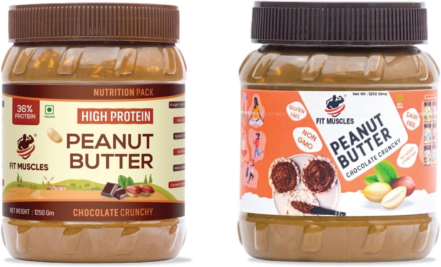 Fit Muscles Chocolate Crunchy & High Protein Crunchy Peanut Butter Combo Pack (2 × 1250g), Crunchy Chocolate & Protein-Rich Peanut Spread for Toast, Sandwiches, Snacks & Daily Use
