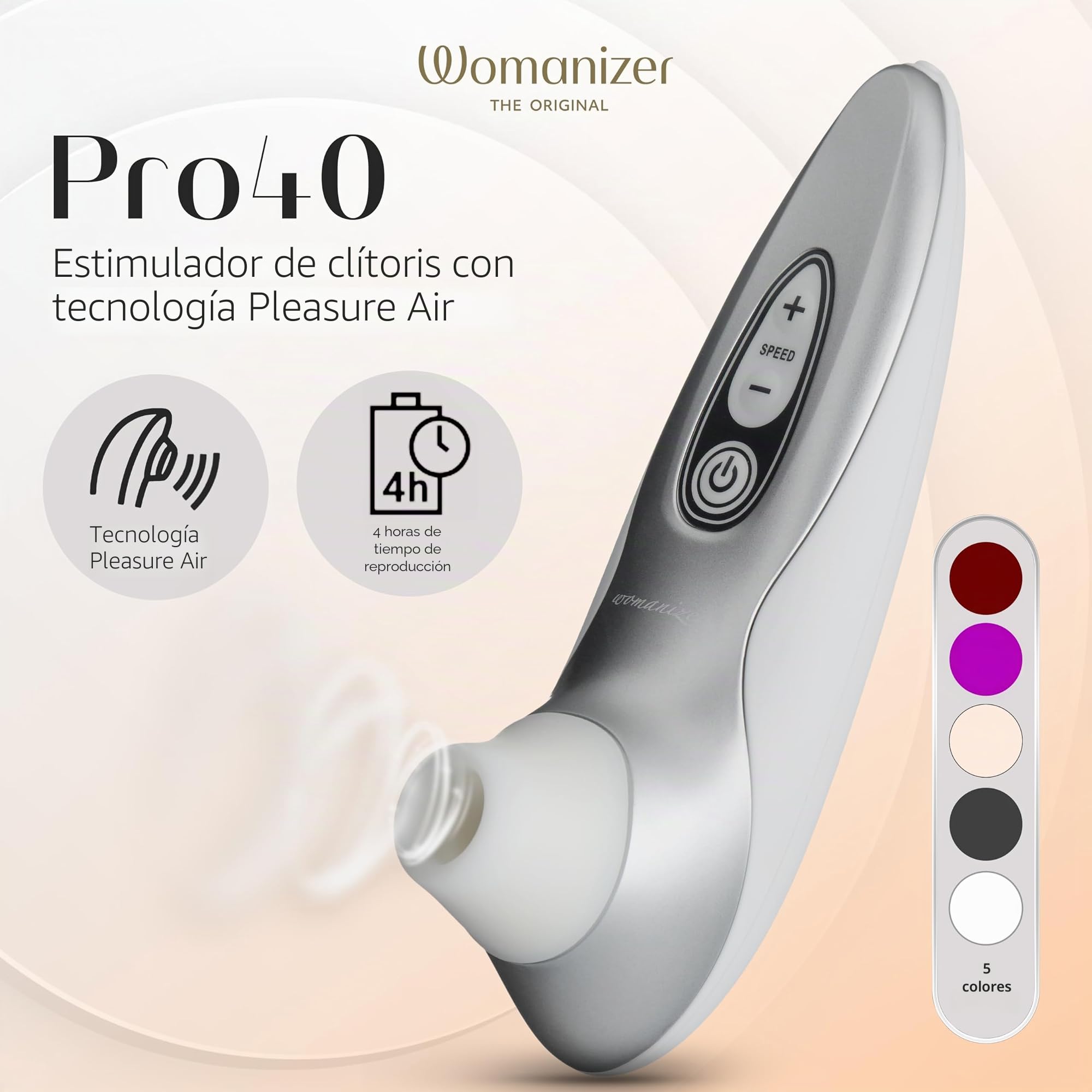 Womanizer Pro40 Succionador de clítoris - Estimulador de clítoris femenino con 6 niveles de intensidad - Succionador mujer sumergible - Vibrador recargable para mujeres y para parejas