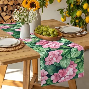 Watercolor Spring Blossom Pink Flower Table Runner 36 Inches Long,Kitchen Dining Home Tablerunners Green Leaves Linen Table Runners Dresser Scarves for Home Dinner Wedding Holiday Party Decor