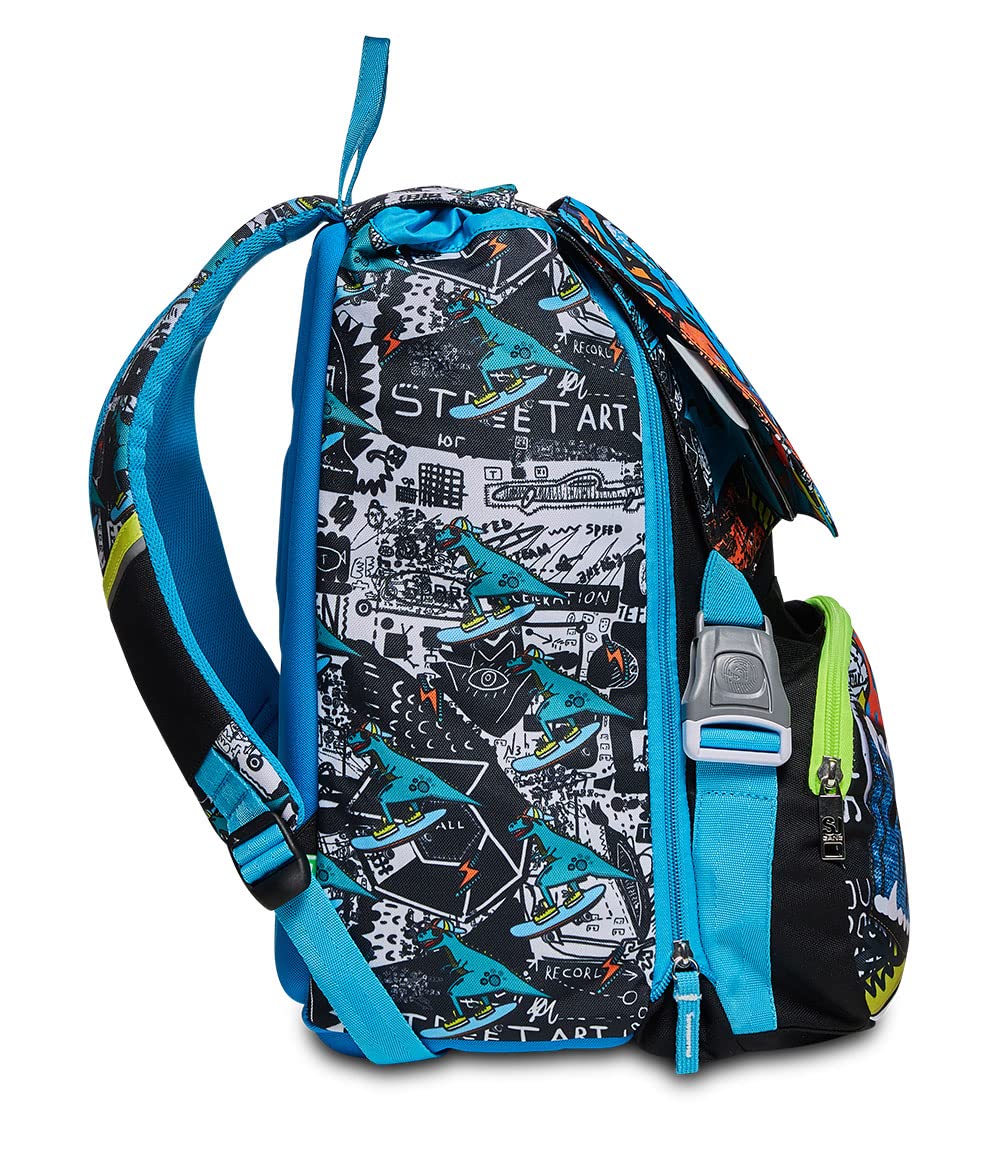 SJ Gang Zaino Scuola Estensibile, Blu Nero, Flip 3D Boy, Zaino Doppio Scomparto Estensibile Con Pattine Sfogliabili, Dinosauro 3D, Scuola Elementare e Tempo libero, Bambino