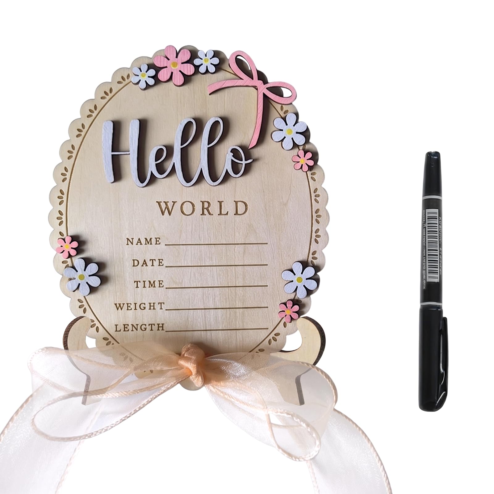 1Pc Hello World Sign 15cm/5.9in Wooden Baby Announcement Sign Babies Name and Birth Plaque for Nursery Home Hospital Newborn Gift (Pink-02)