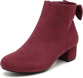 Women's Back Bow Ankle Boots, Low Chunky Heel Booties, Side Zipper, Round Toe Dress Boots for Fall Winter
