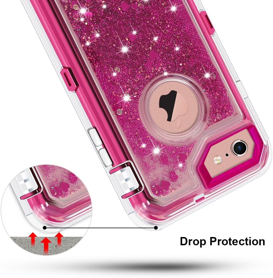 Anuck Case for iPhone 6S Case, for iPhone 6 Case (4.7 inch), 3 in 1 Hybrid Heavy Duty Defender Case Sparkly Floating Liquid Glitter Protective Hard Shell Shockproof TPU Cover - Rose Red