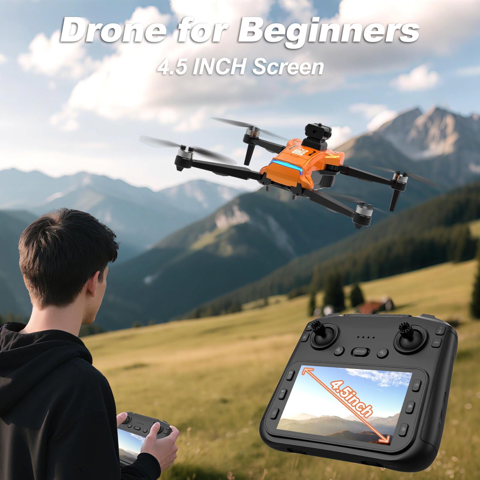 Drone GPS con Telecamera 4K,Schermo LCD RC da 4.5" per Adulti,Drone Follow Me Professionale con Ritorno Automatico,Volo Circolare Evitamento Ostacoli Intelligente per Principianti,Meno di 249g