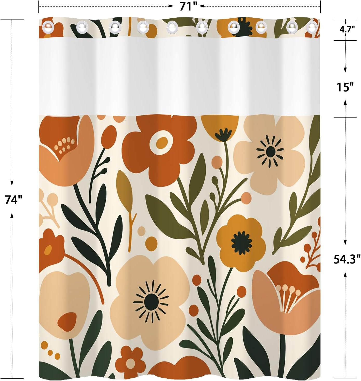 No Hook Boho Shower Curtain with Snap in Liner 71 x 74Inch