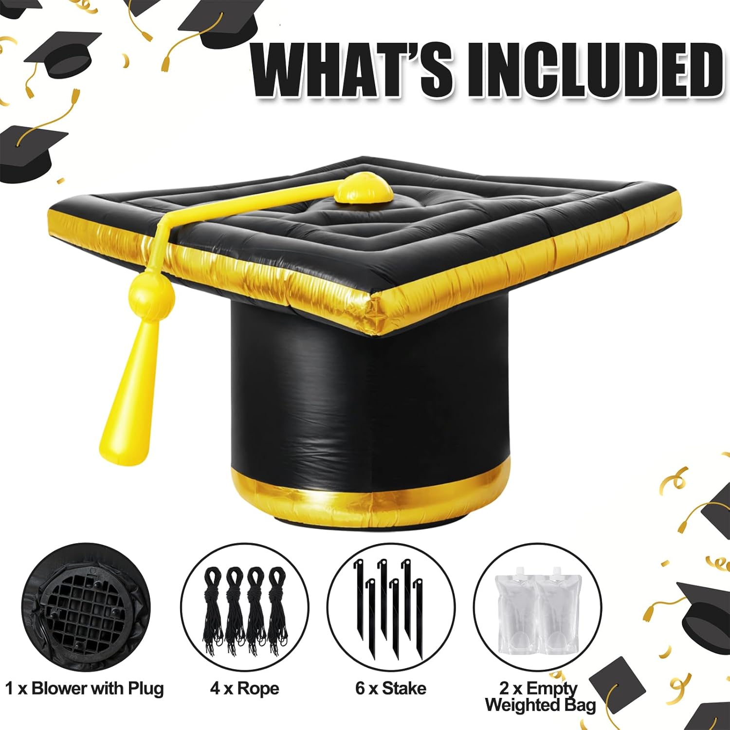 MiniInflat 13 ft Wide 2026 Graduation Inflatable Decoration with Built in LED Lights Black and Gold Congrats Grad Caps Blow Up for Garden Yard Party Indoor Outdoor Decor 6ft Height